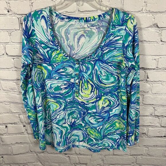 Lilly Pulitzer Women’s Top Sorella Oh Shucks Oyster Print Sparkling Blue XS - Picture 1 of 9